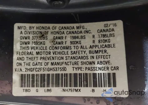2016 Honda Civic Lx from USA, damaged, VIN 2HGFC2F51GH537550